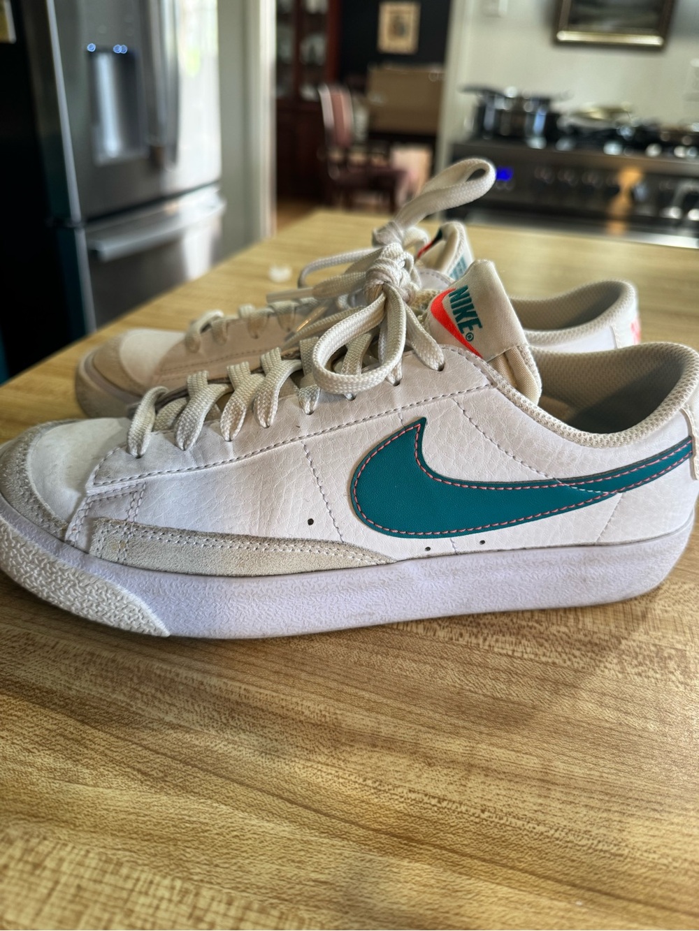Nike Leather Low-Top Sneakers with Teal Swoosh